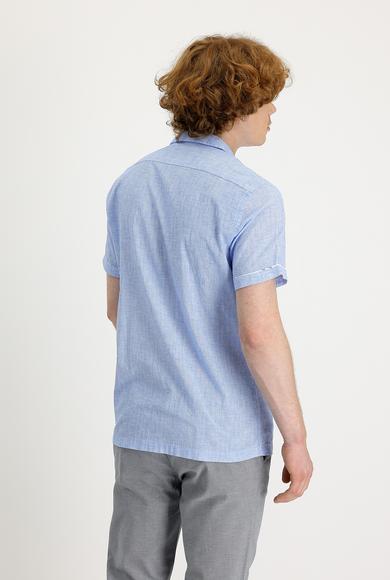 Erkek Giyim - AÇIK MAVİ M Beden Kısa Kol Slim Fit Desenli Gömlek