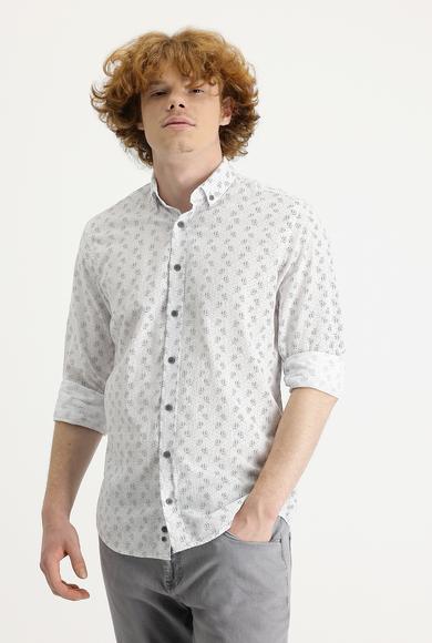 Erkek Giyim - SİYAH XL Beden Uzun Kol Slim Fit Baskılı Gömlek
