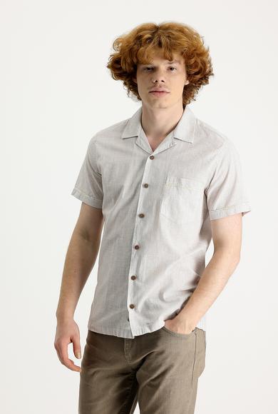 Erkek Giyim - AÇIK BEJ L Beden Kısa Kol Slim Fit Desenli Gömlek