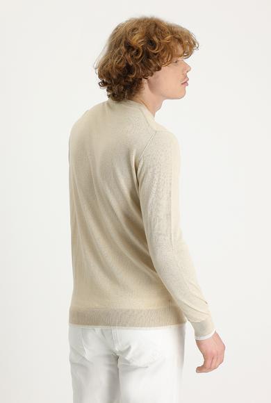 Erkek Giyim - ORTA BEJ XXL Beden Bisiklet Yaka Slim Fit Keten Triko Kazak