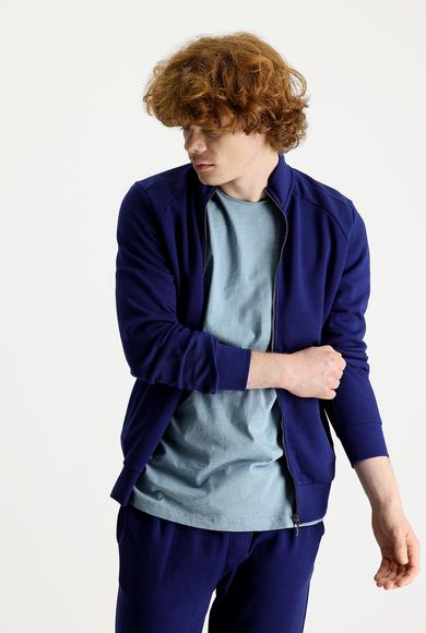 Erkek Giyim - ORTA LACİVERT XL Beden Dik Yaka Slim Fit Fermuarlı Sweatshirt