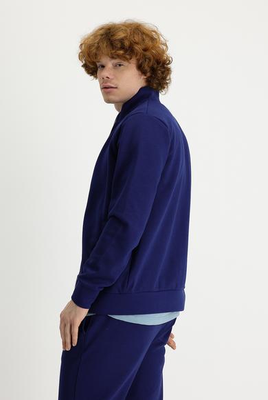 Erkek Giyim - ORTA LACİVERT XL Beden Dik Yaka Slim Fit Fermuarlı Sweatshirt