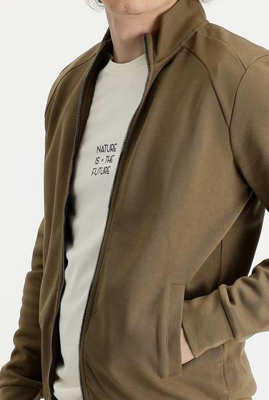 Erkek Giyim - KOYU BEJ XL Beden Dik Yaka Slim Fit Fermuarlı Sweatshirt