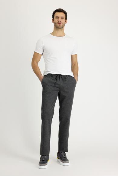 Erkek Giyim - ORTA GRİ 50 Beden Slim Fit Beli Lastikli İpli Desenli Klasik Pantolon