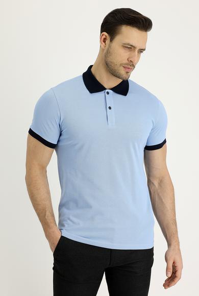 Erkek Giyim - UÇUK MAVİ L Beden Polo Yaka Slim Fit Desenli Tişört