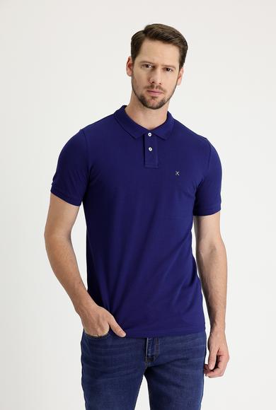 Erkek Giyim - ORTA LACİVERT S Beden Polo Yaka Slim Fit Nakışlı Tişört