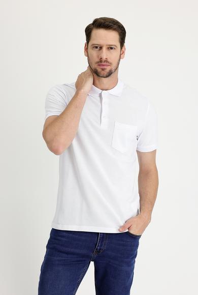Erkek Giyim - BEYAZ XL Beden Polo Yaka Regular Fit Nakışlı Tişört