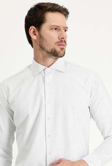Erkek Giyim - SİYAH XXL Beden Uzun Kol Slim Fit Çizgili Gömlek