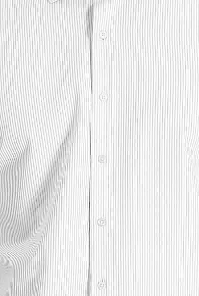 Erkek Giyim - SİYAH XXL Beden Uzun Kol Slim Fit Çizgili Gömlek