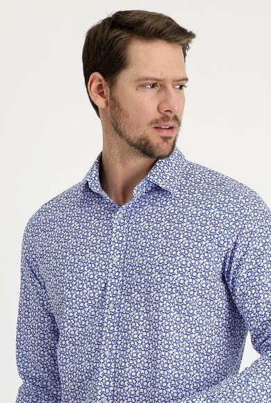Erkek Giyim - GÖK MAVİSİ XL Beden Uzun Kol Slim Fit Baskılı Gömlek