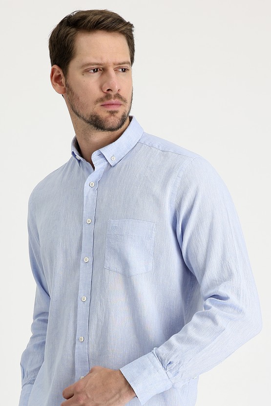 Erkek Giyim - Uzun Kol Regular Fit Desenli Keten Gömlek
