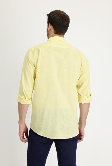 Erkek Giyim - AÇIK SARI XXL Beden Uzun Kol Regular Fit Desenli Keten Gömlek