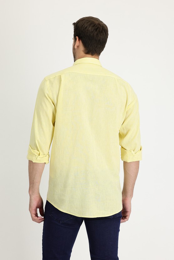 Erkek Giyim - Uzun Kol Regular Fit Desenli Keten Gömlek
