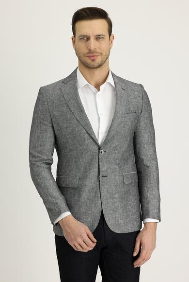 Erkek Giyim - ORTA GRİ 48 Beden Slim Fit Klasik Desenli Keten Ceket