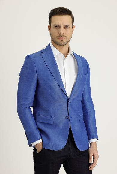 Erkek Giyim - AÇIK MAVİ 46 Beden Klasik Desenli Keten Ceket