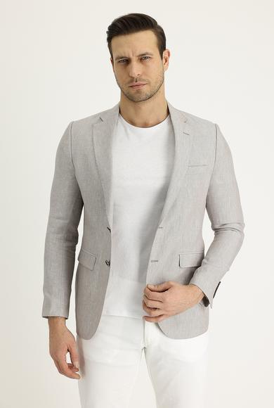Erkek Giyim - AÇIK BEJ 56 Beden Slim Fit Klasik Desenli Keten Ceket