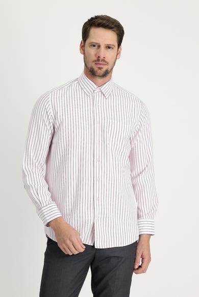 Erkek Giyim - AÇIK KIRMIZI L Beden Uzun Kol Regular Fit Çizgili Gömlek