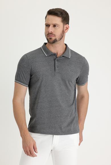 Erkek Giyim - KOYU ANTRASİT L Beden Polo Yaka Slim Fit Nakışlı Süprem Tişört