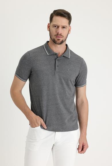 Erkek Giyim - KOYU ANTRASİT M Beden Polo Yaka Slim Fit Nakışlı Süprem Tişört
