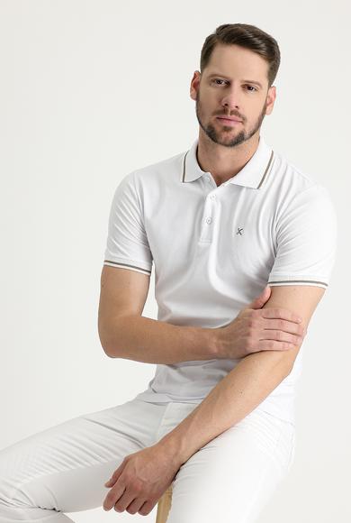 Erkek Giyim - BEYAZ L Beden Polo Yaka Slim Fit Nakışlı Süprem Tişört