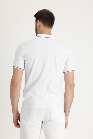 Erkek Giyim - BEYAZ L Beden Polo Yaka Slim Fit Nakışlı Süprem Tişört
