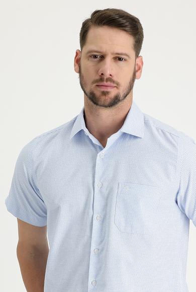 Erkek Giyim - AÇIK MAVİ 4X Beden Kısa Kol Regular Fit Ekose Gömlek