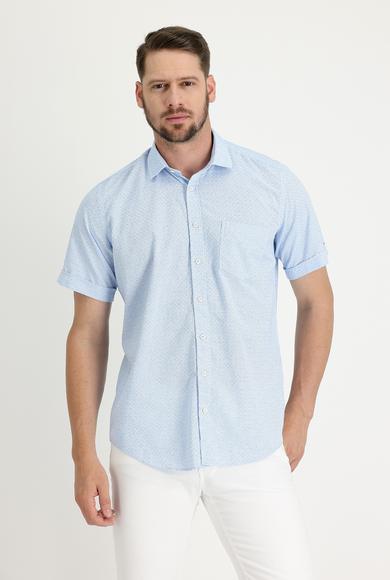 Erkek Giyim - AQUA MAVİSİ 3X Beden Kısa Kol Regular Fit Desenli Gömlek