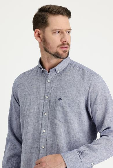 Erkek Giyim - AÇIK LACİVERT M Beden Uzun Kol Regular Fit Desenli Keten Gömlek