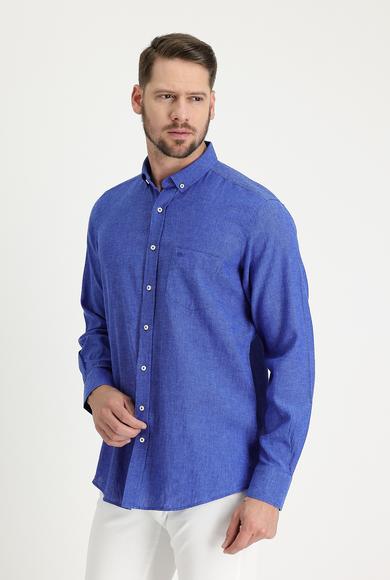 Erkek Giyim - SAKS MAVİ S Beden Uzun Kol Regular Fit Desenli Keten Gömlek