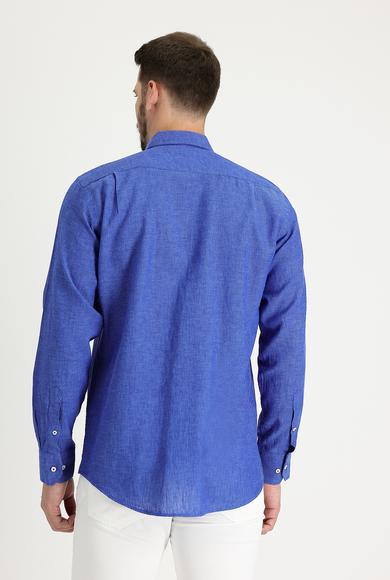 Erkek Giyim - SAKS MAVİ 4X Beden Uzun Kol Regular Fit Desenli Keten Gömlek