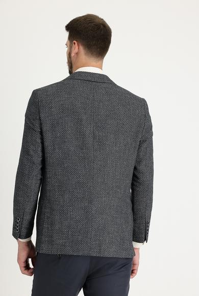 Erkek Giyim - SİYAH 70 Beden Relax Fit Desenli Keten Ceket