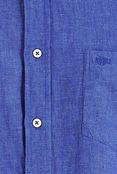 Erkek Giyim - SAKS MAVİ 4X Beden Uzun Kol Regular Fit Desenli Keten Gömlek