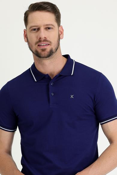 Erkek Giyim - ORTA LACİVERT L Beden Polo Yaka Slim Fit Nakışlı Süprem Tişört