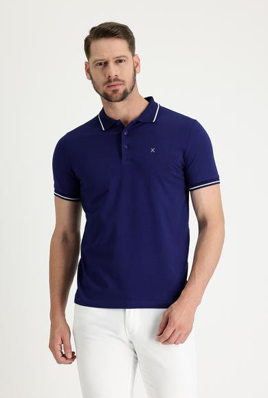 Erkek Giyim - ORTA LACİVERT S Beden Polo Yaka Slim Fit Nakışlı Süprem Tişört