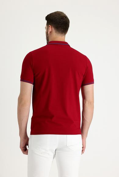 Erkek Giyim - KOYU KIRMIZI S Beden Polo Yaka Slim Fit Nakışlı Süprem Tişört