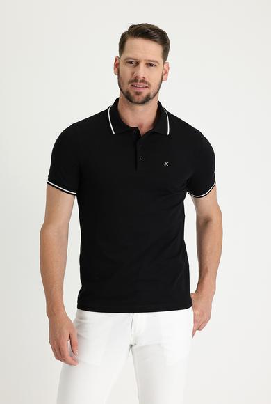Erkek Giyim - SİYAH 3X Beden Polo Yaka Slim Fit Nakışlı Süprem Tişört