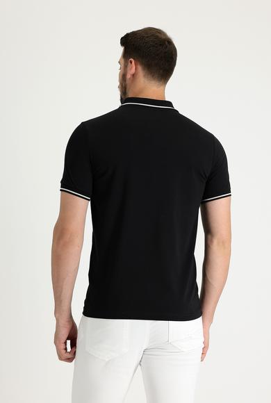 Erkek Giyim - SİYAH L Beden Polo Yaka Slim Fit Nakışlı Süprem Tişört