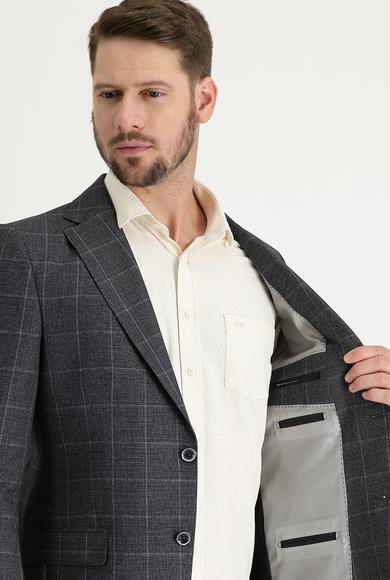 Erkek Giyim - ORTA ANTRASİT 52 Beden Relax Fit Desenli Ceket