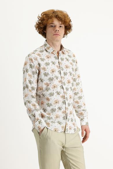 Erkek Giyim - AÇIK VİZON L Beden Uzun Kol Slim Fit Baskılı Gömlek