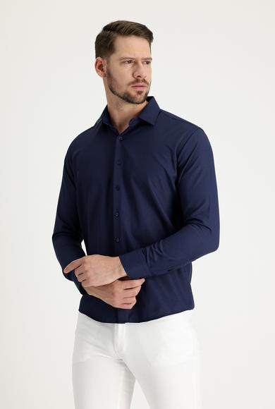 Erkek Giyim - KOYU LACİVERT L Beden Uzun Kol Slim Fit Klasik Desenli Gömlek