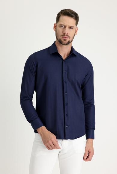 Erkek Giyim - KOYU LACİVERT M Beden Uzun Kol Slim Fit Desenli Klasik Gömlek