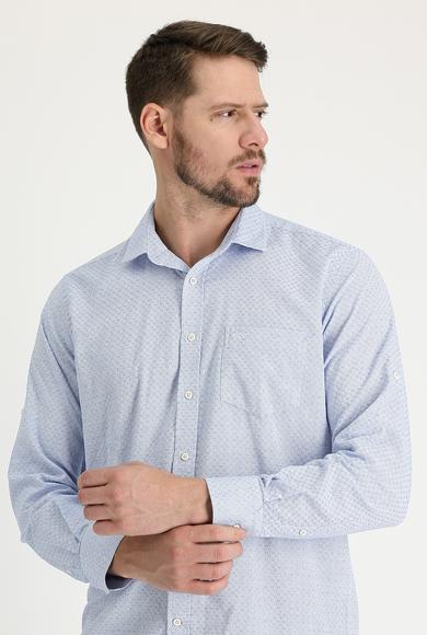 Erkek Giyim - MAVİ XL Beden Uzun Kol Relax Fit Desenli Gömlek