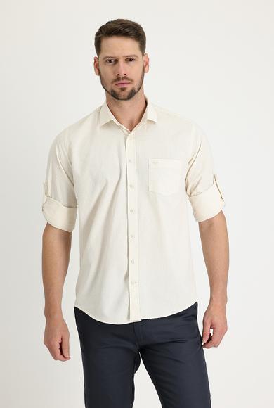Erkek Giyim - AÇIK BEJ 4X Beden Uzun Kol Relax Fit Desenli Gömlek