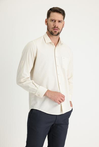 Erkek Giyim - AÇIK BEJ 4X Beden Uzun Kol Relax Fit Desenli Gömlek