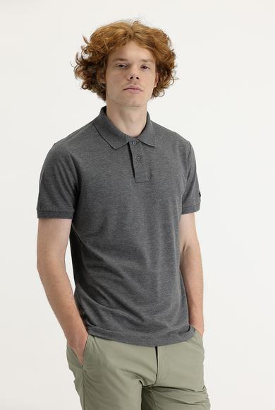 Erkek Giyim - KOYU FÜME MELANJ XL Beden Polo Yaka Slim Fit Baskılı Tişört