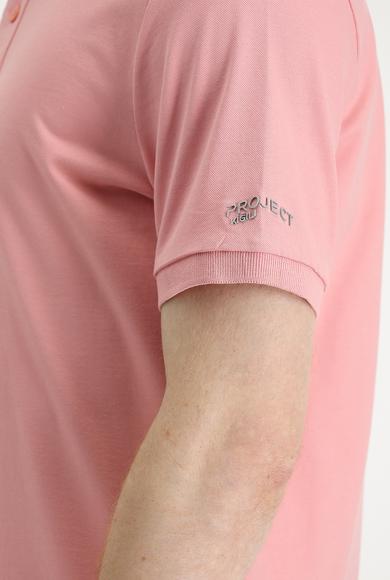 Erkek Giyim - ORTA PEMBE XXL Beden Polo Yaka Slim Fit Baskılı Tişört