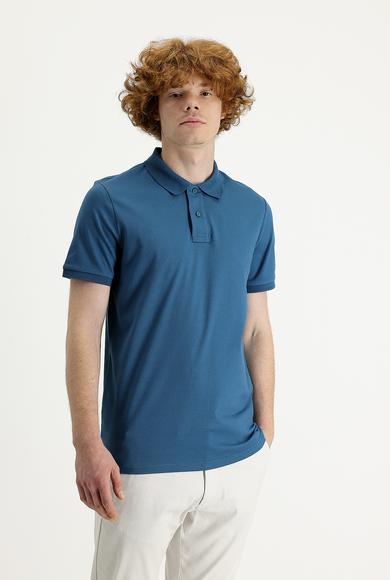Erkek Giyim - KOYU PETROL M Beden Polo Yaka Slim Fit Baskılı Tişört
