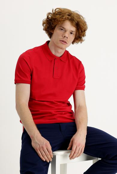 Erkek Giyim - BAYRAK KIRMIZI XL Beden Polo Yaka Slim Fit Baskılı Tişört