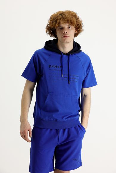 Erkek Giyim - SAKS MAVİ XL Beden Kapüşonlu Yarım Kol Baskılı Sweatshirt