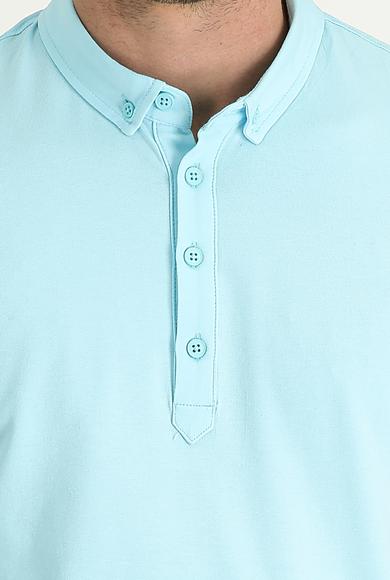 Erkek Giyim - SU MAVİSİ L Beden Yarım İtalyan Yaka Regular Fit Süprem Tişört